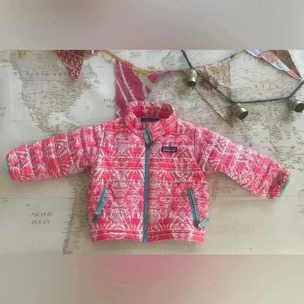 Patagonia Kids Pink Printed Puffer Jacket with White Accents